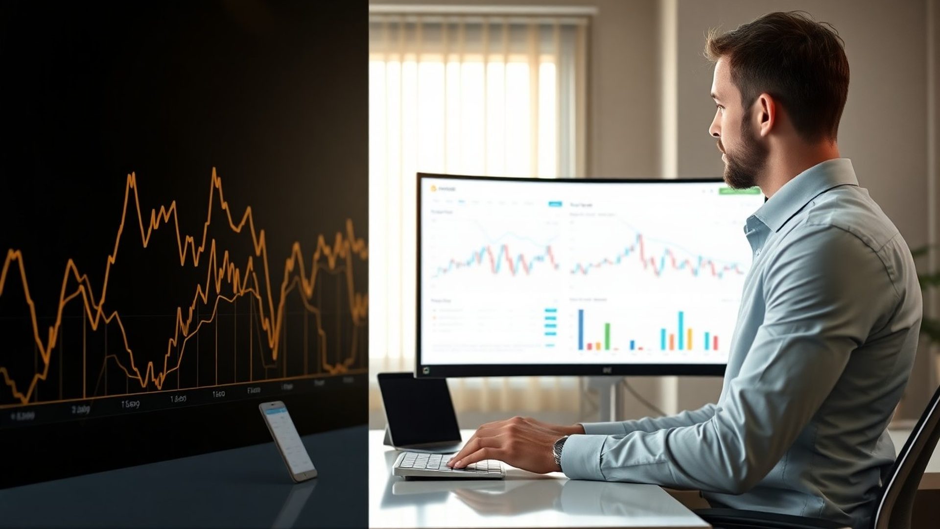 Dashboard investičného simulátora s antracitovo-zlatými grafmi